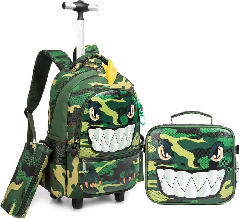 HTgroce Trolley Jungen Schultrolly Schulrucksack mit Rollen Schultrolley Grüner Dinosaurier, Grüner