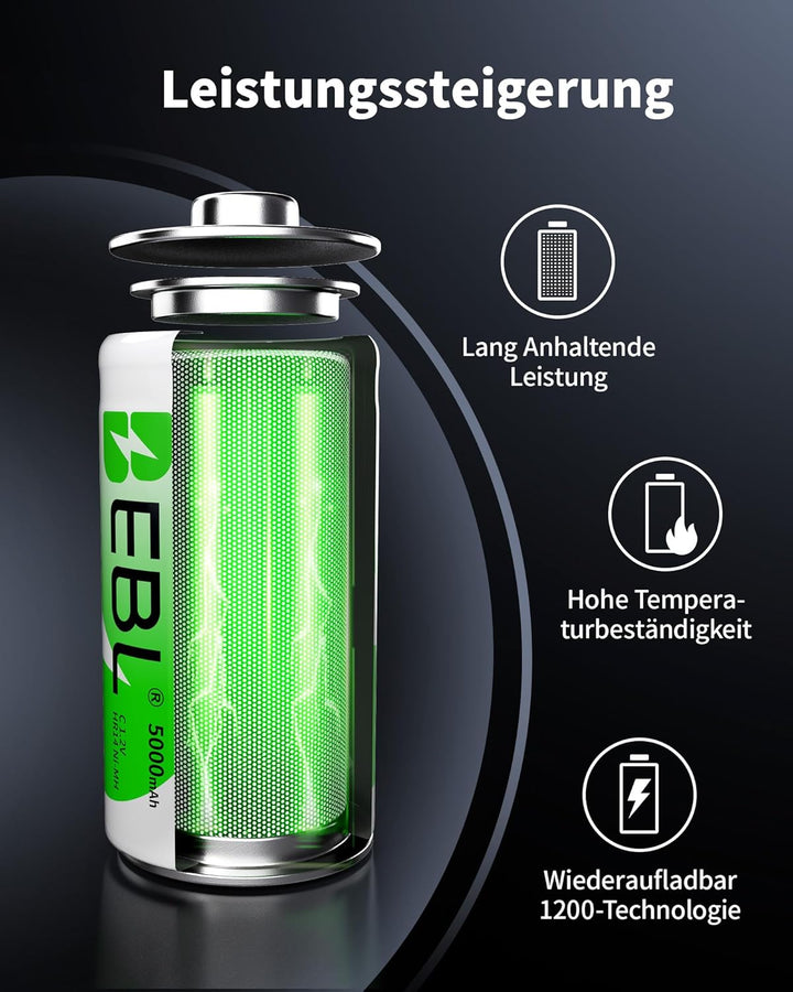 EBL Akku ladegerät inkl. 4X C 5000mAh für AA AAA C D NI-MH Akkus Type C Input Schnell ladegerät, LCD
