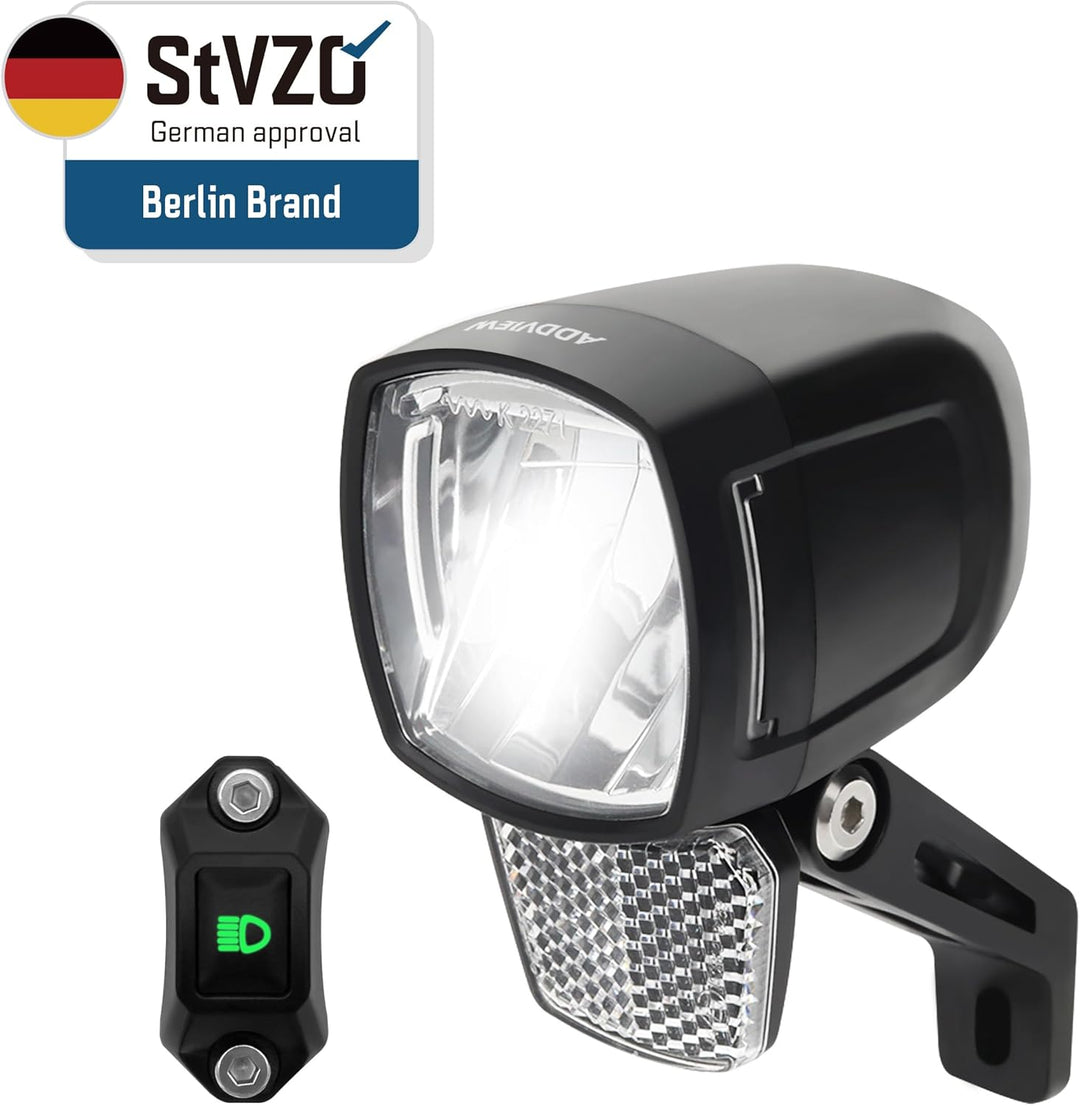 E-Bike Frontlicht 170 Lux Hammer E170 Plus – Fernlicht, Abblendlicht, mit Lenker-Schalter, IP65, Alu