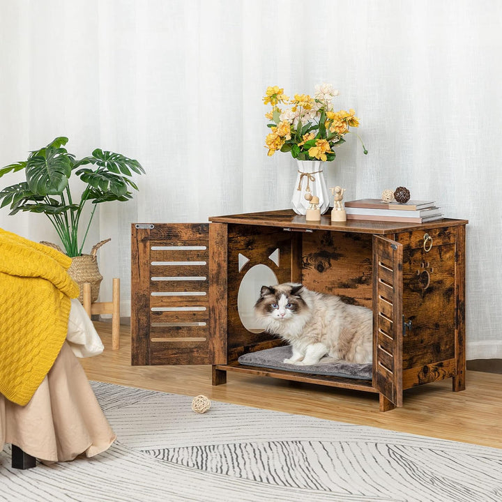 HOOBRO Katzenklo Schrank, Katzenklo aus Holz im Jalousien-Stil drinnen, Haustierbox mit 4 Eisenfüsse