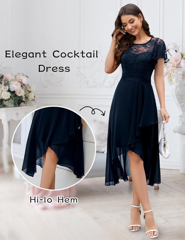 Wedtrend Abendkleid Damen Elegant Cocktailkleid High Low Ballkleider mit Spitzen A Linie für Hochzei