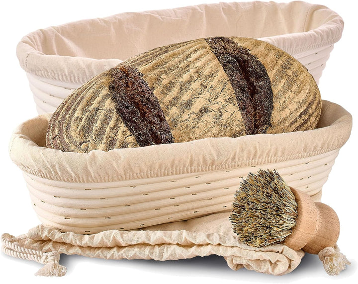 Gärkorb zum Brotbacken 2er Set - Aus nachhaltigem Rattan - Oval - 35 cm - Set inkl. Bürste, Leinenei