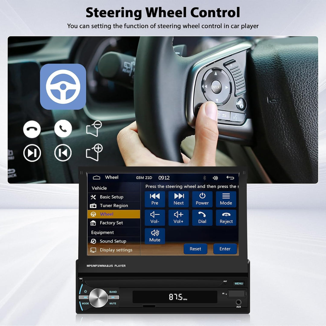 Inefala Carplay 1 DIN Wireless mit manuell einziehbarem 7-Zoll-Display, Autoradio mit Bluetooth 5.1,