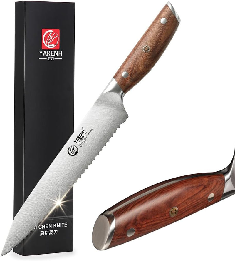 YARENH Küchenmesser Brotmesser Scharf - Wellenschliff - 20 cm Edelstahl Klingen und Holzgriff Brotme
