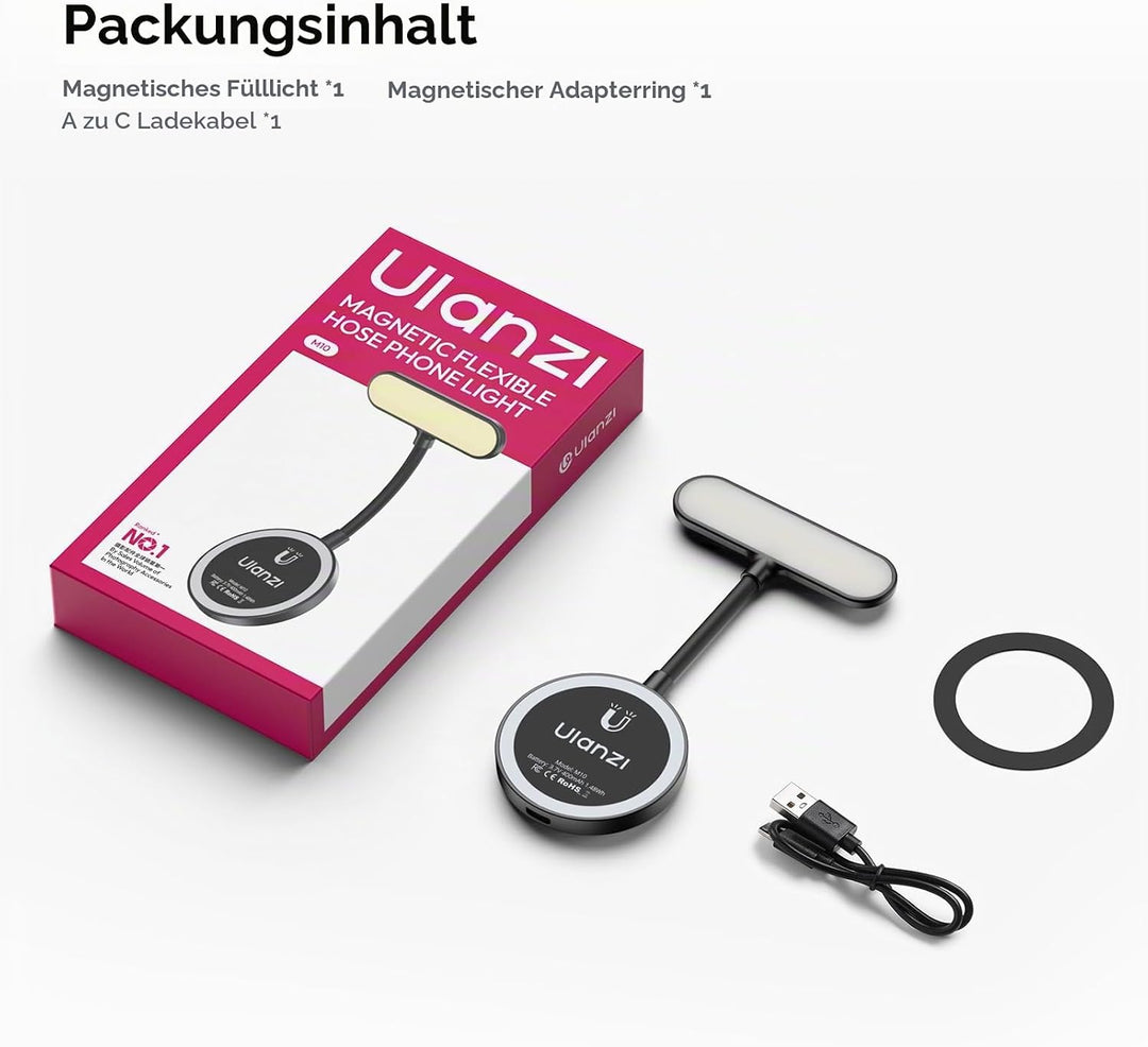ULANZI M10 Magnetische Selfie Licht; Mini Flexible LED Handylicht, Clip-On Leseleuchte mit 5-stufig