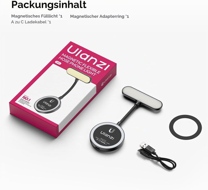 ULANZI M10 Magnetische Selfie Licht; Mini Flexible LED Handylicht, Clip-On Leseleuchte mit 5-stufig