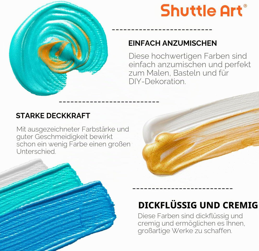 Shuttle Art Metallic Acrylfarben Set, 20 bunte Metallic Acryl Farben in Flaschen (60 ml), 3 Pinselse