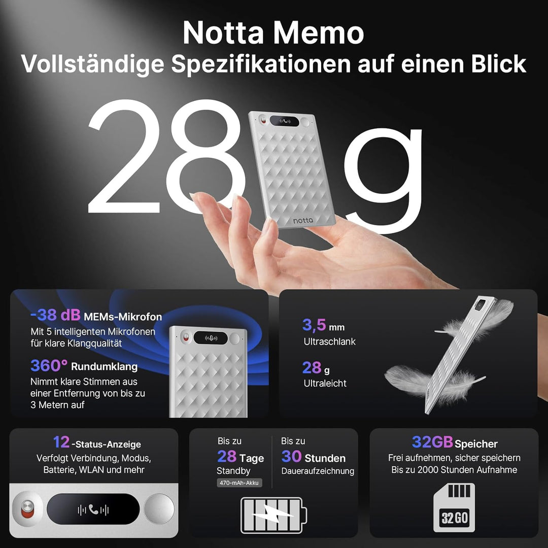 KI-Sprachrecorder, Notta Memo Digitales Diktiergerät mit Etui, KI-Transkription & Zusammenfassung in