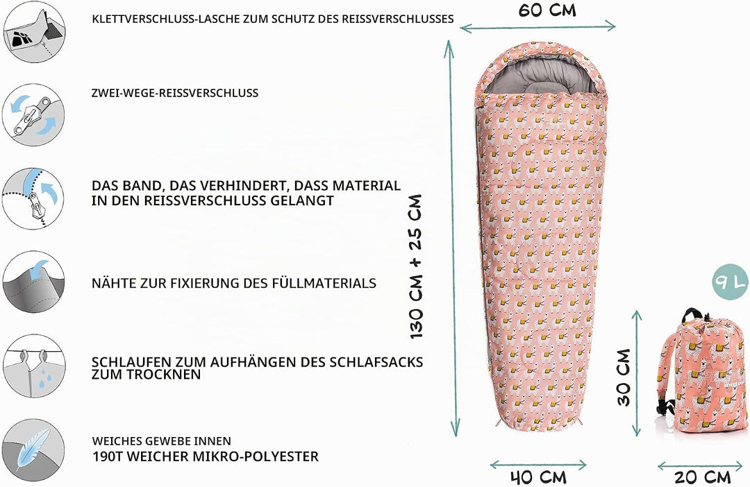 meteor Premium Kinder-Schlafsack mit Rucksack Ultraleicht Kinder Hüttenschlafsack Komfortbel Jugendl