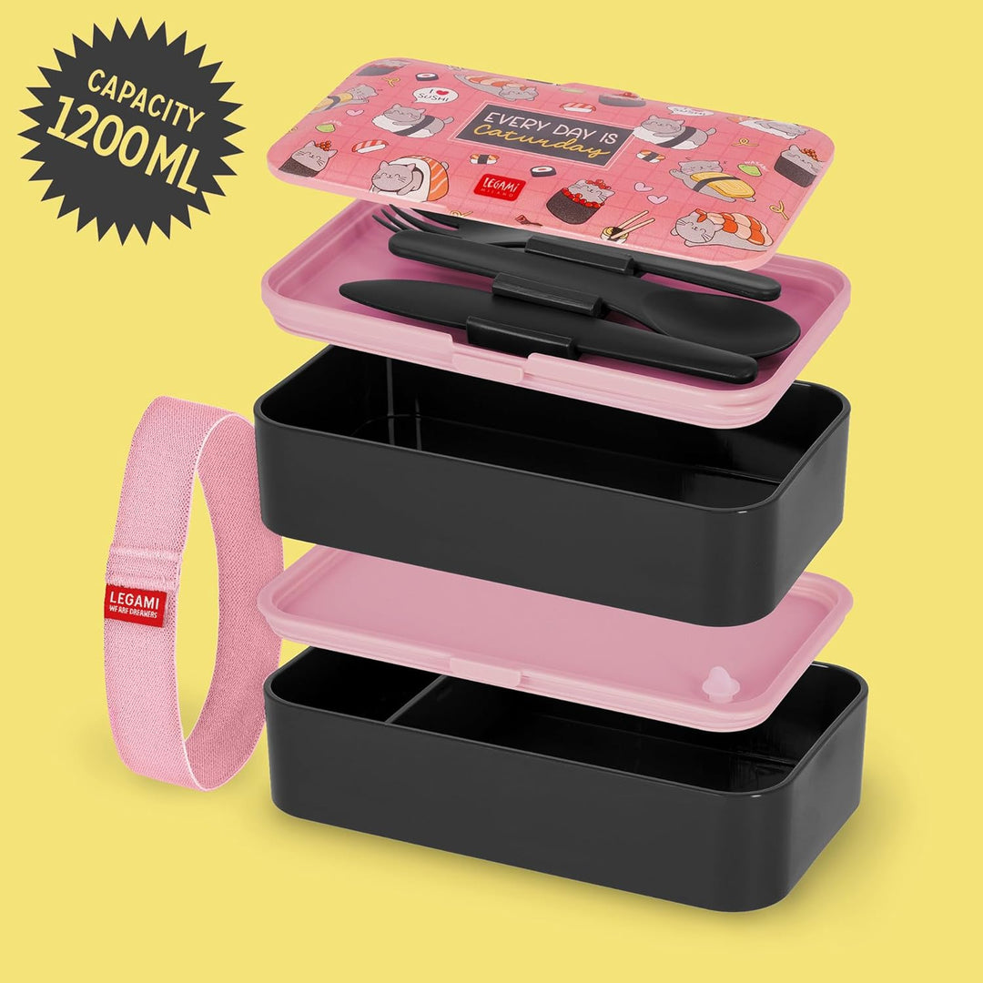 Legami – Lunchbox, 3 Besteckteile inklusive, Sushi Cat, Behälter, Fassungsvermögen 1200 ml, auslaufs