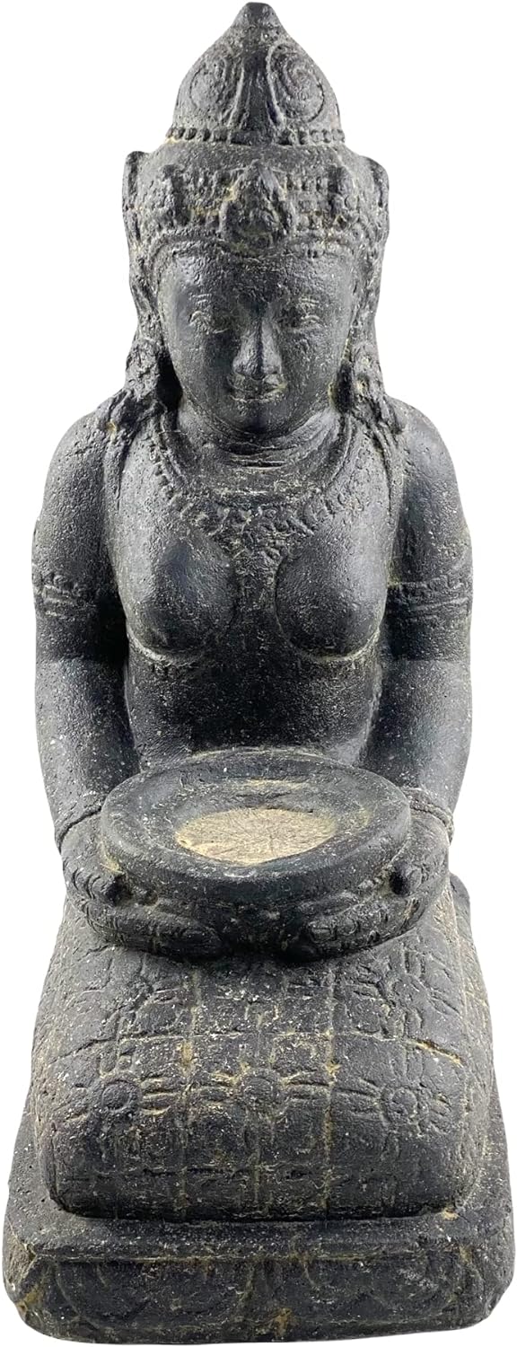 FaHome Dewi Sri Stein Statue Lavasand Schale ca. 50 cm Sitzend Garten Skulptur Guss Figur Buddha