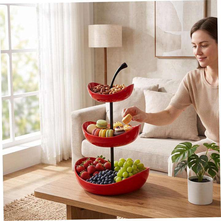 Obstkorbständer, 3-stöckig, kirschförmige Obstschale mit Griff, rot Red, Red