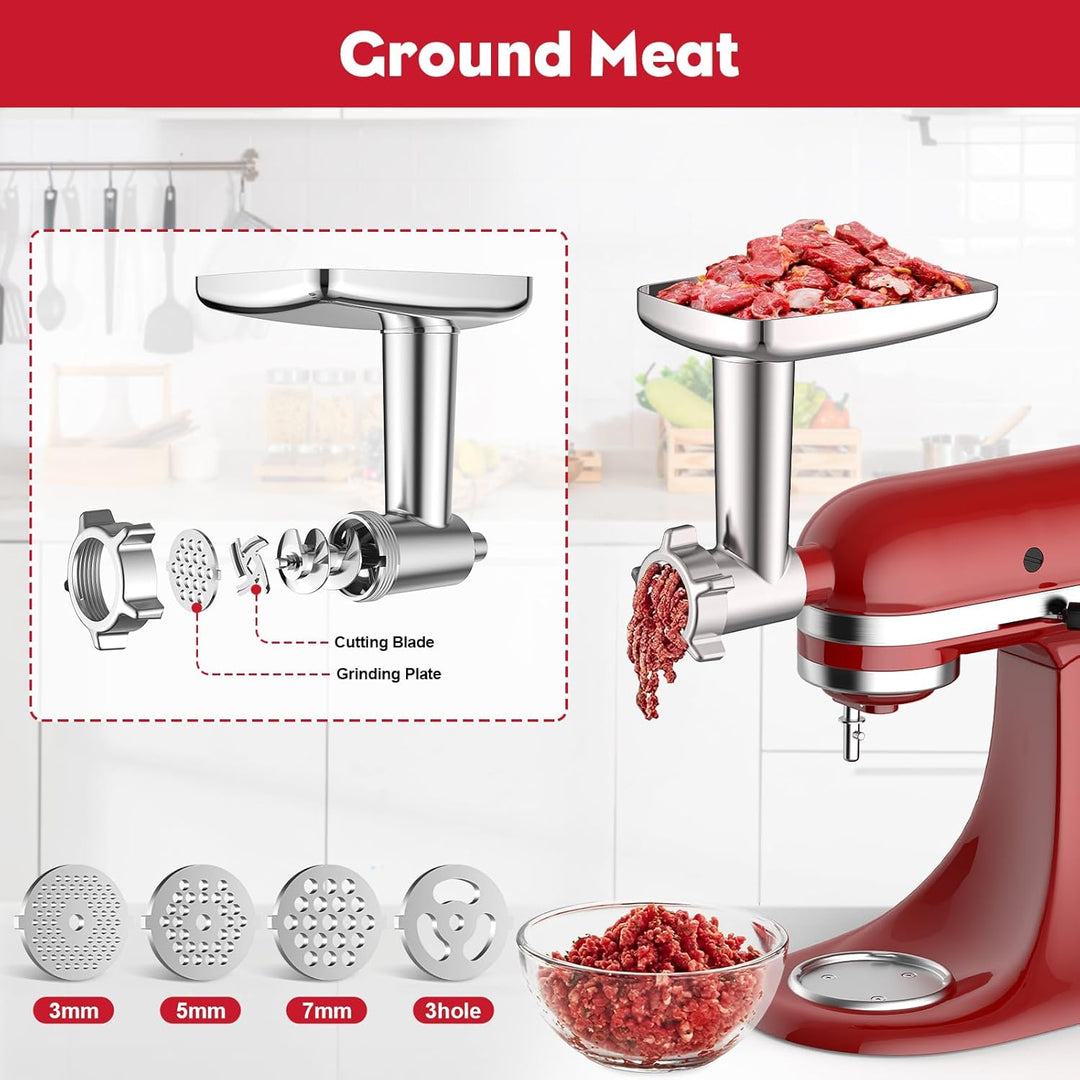 Fleischwolf Aufsatz für KitchenAid Küchenmaschine, mit 3 Wurstfüllhörner 2 Schleifklingen 4 Mahlsche