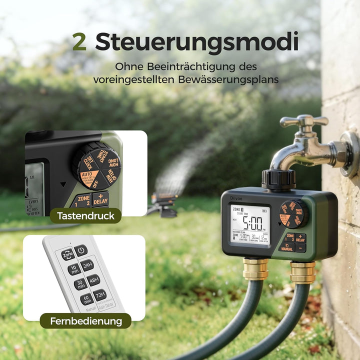 Diivoo Funkfernbedienung Bewässerungscomputer 2 Ausgänge, IP66 Bewässerungsuhr mit Grosses LCD-Displ