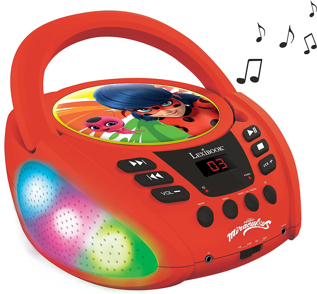 Lexibook, Miraculous Ladybug Cat Noir, Bluetooth-CD-Player für Kinder, tragbar, mehrfarbige Lichteff