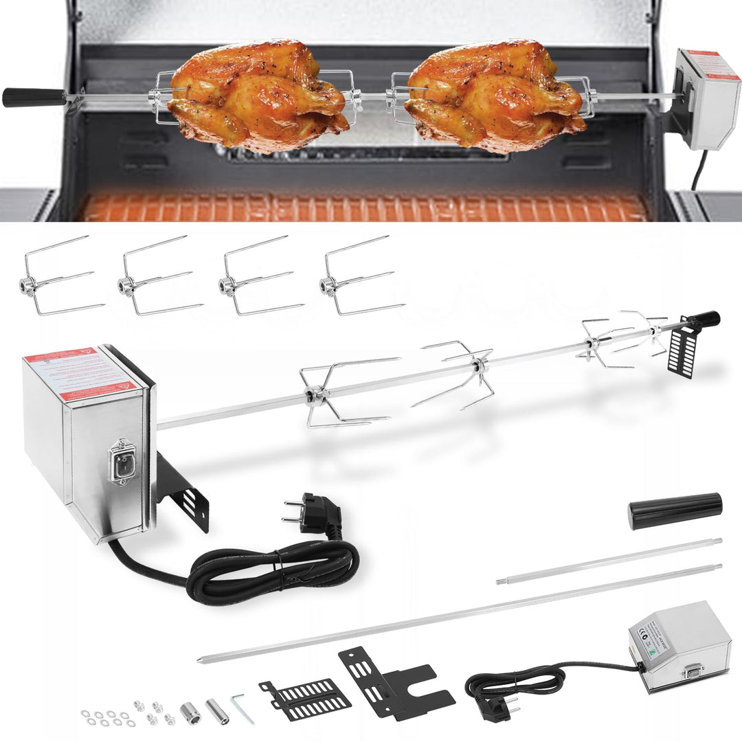 Grillspiess Set, Drehspiess mit 4X Fleischnadeln, 117cm Grillspiess mit Edelstahl Motor 220V - 240V,