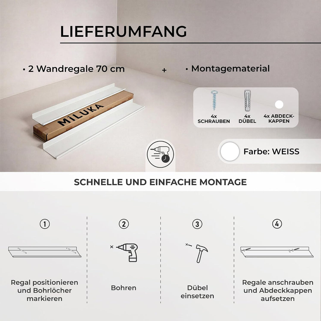 MILUKA Wandregal Weiss Metall | 2er Set Regal Wand 70 cm Long | Wandboards, Für Dekos, Bilderrahmen,