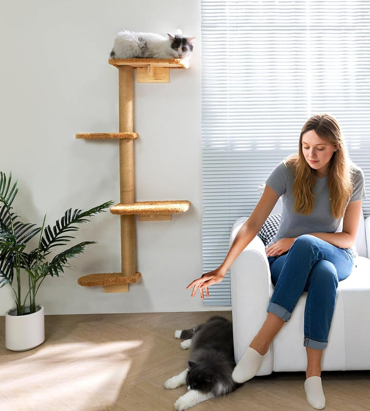 Wandmontierter Kratzenbaum 125cm, Katzenkratzbaum Wand 4 Etagen aus Natürliches Holz mit Sanftem Bra
