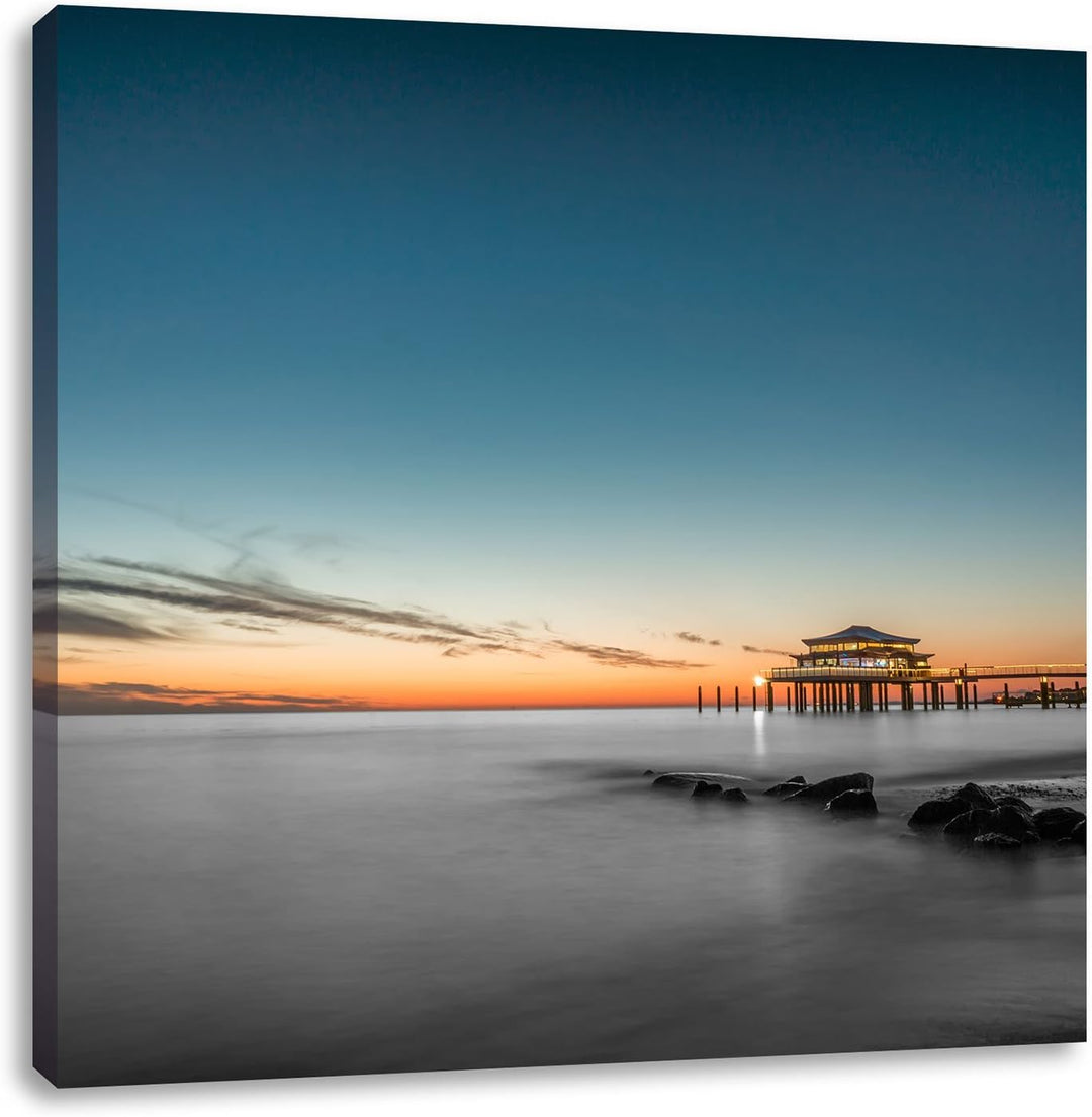 Pixxprint Timmendorfer Strand bei Sonnenuntergang Schwarz/Weiss, Format: 70x70 auf Leinwand, 70x70