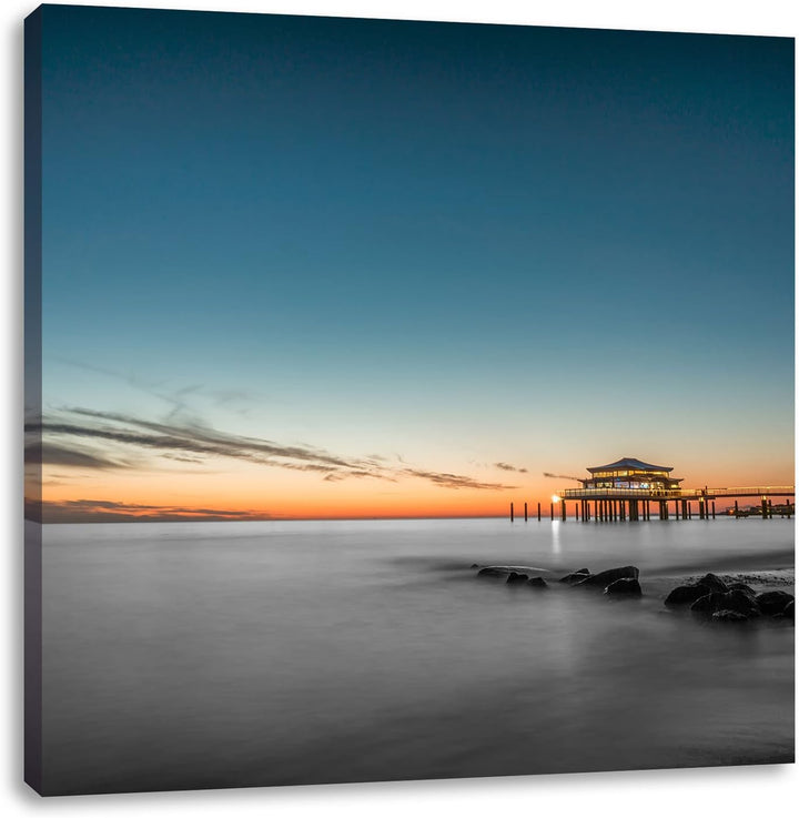 Pixxprint Timmendorfer Strand bei Sonnenuntergang Schwarz/Weiss, Format: 70x70 auf Leinwand, 70x70
