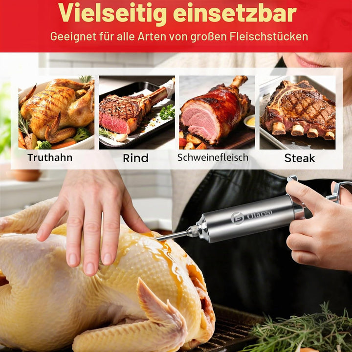 Ofargo Fleischspritze aus 304-Edelstahl, mit 4 Marinadennadeln und Reiseetui für Grill, Räuchern, 57