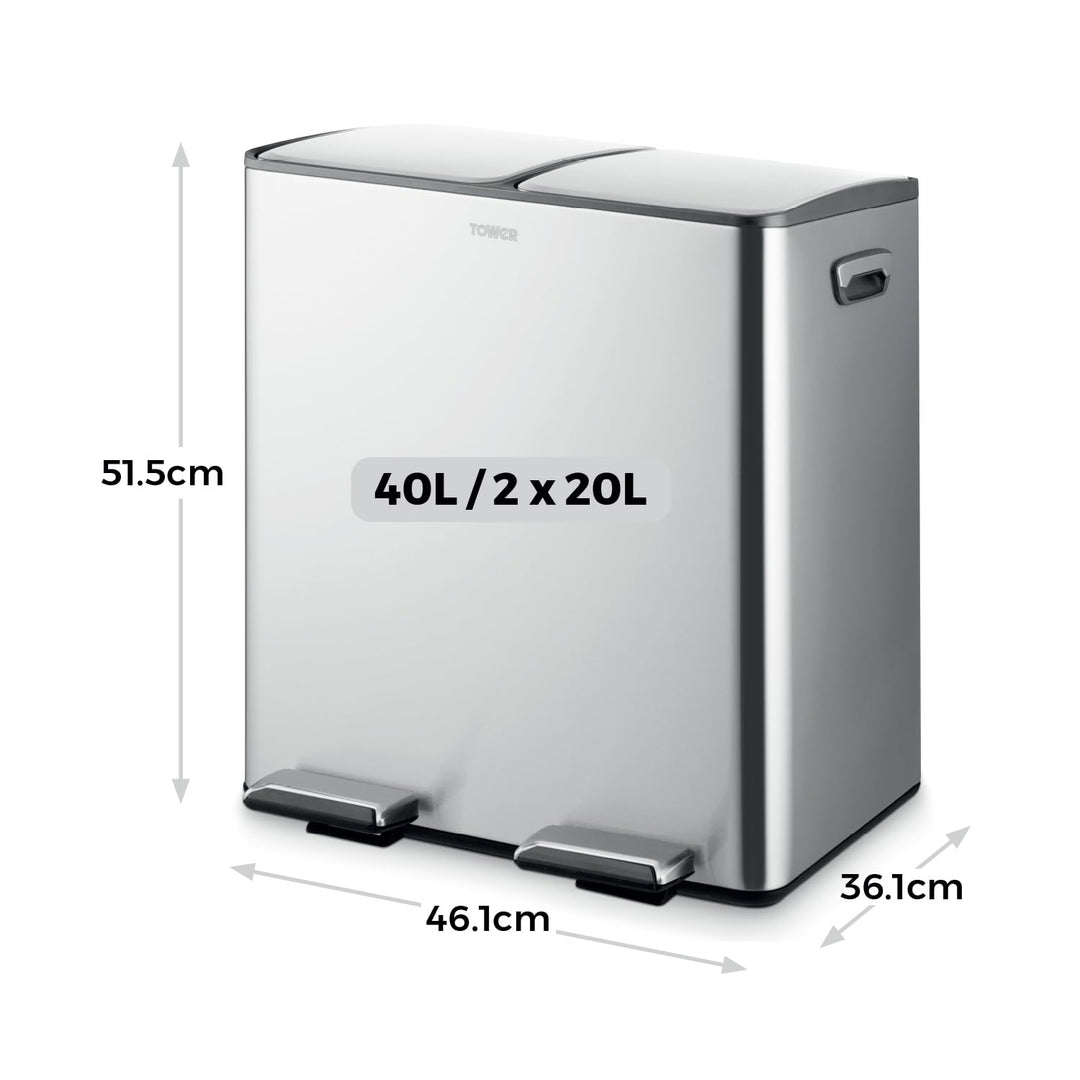 Tower T838022SS Recycling-Treteimer mit zwei 20-Liter-Fächern, Körper aus Karbonstahl, zwei Inneneim