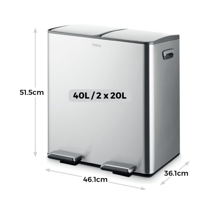 Tower T838022SS Recycling-Treteimer mit zwei 20-Liter-Fächern, Körper aus Karbonstahl, zwei Inneneim