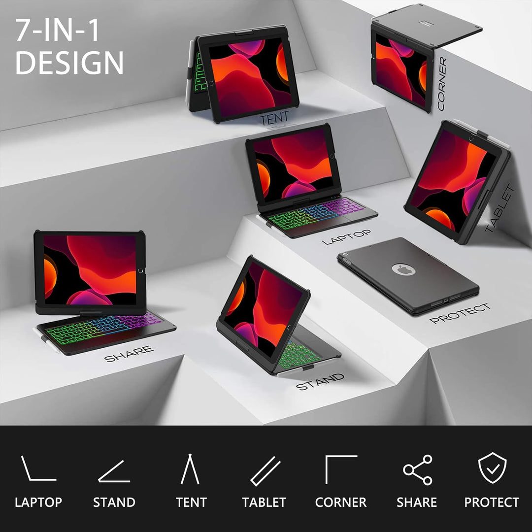 SZO iPad 10.2 Tastatur Hülle für iPad 9/8/7, Schwarz, Bluetooth, 360° Touchpad Flip Cover, 7 Hinterg