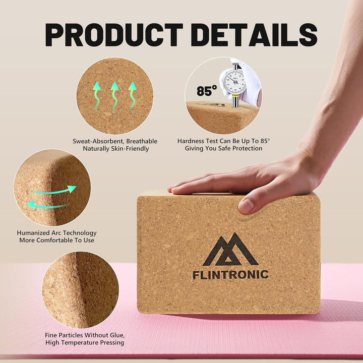 Flintronic 2er Set Yogablock aus Kork, 100% Natur Yoga Block Kork mit 1 Widerstandsband, Korkblock Y