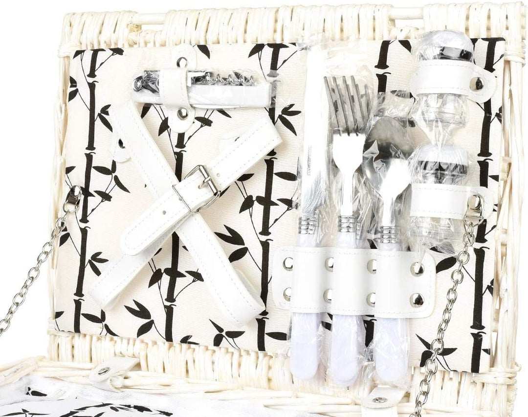 Picknickkorb für 2 Personen mit Kühlfach - Inklusive Bestecksets, Kühlfach, Korkenzieher, Weingläser