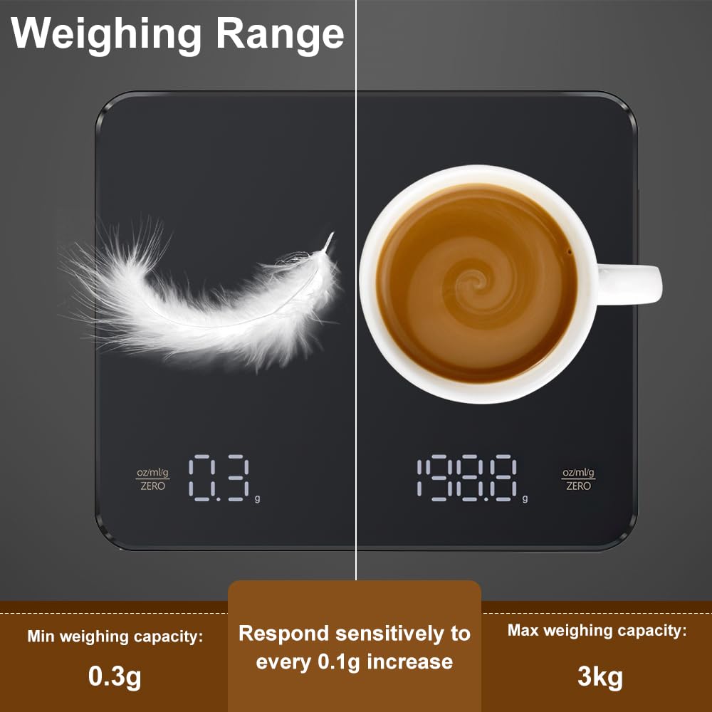 OBEST Mini Kaffeewaage mit Timer, 3kg/0.1g Hochpräzise Wiederaufladbare Digitale Kaffeewaage,Tragbar