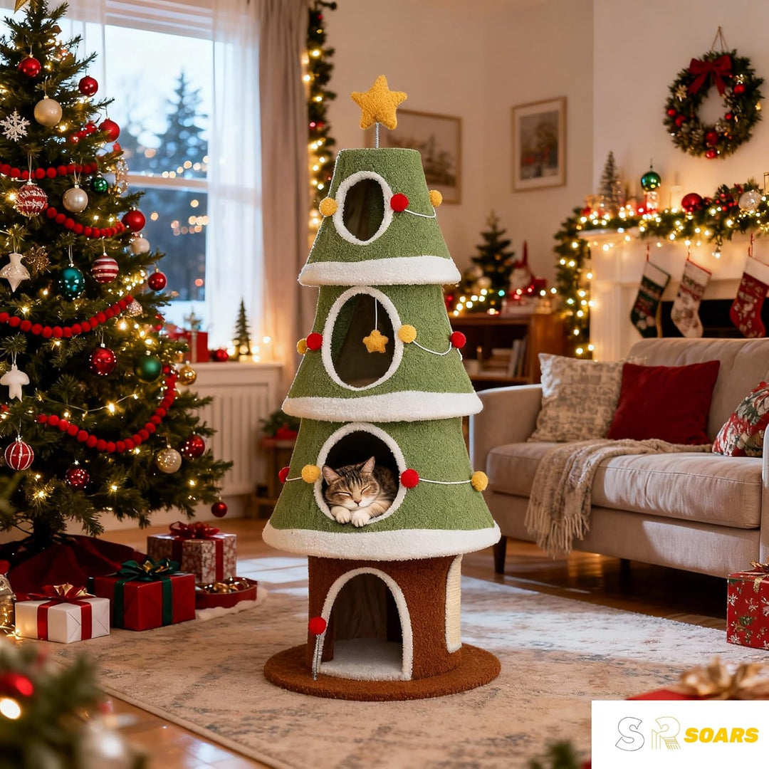 SOARS Kratzbaum Weihnachten, 154 cm Katzenbaum mit 4 Höhlen, Kratzbrett, Hängebällen, Katzenkratzbau