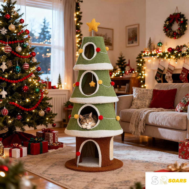 SOARS Kratzbaum Weihnachten, 154 cm Katzenbaum mit 4 Höhlen, Kratzbrett, Hängebällen, Katzenkratzbau