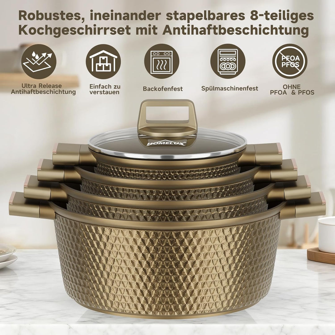 HOMELUX Topfset Induktion 8-teilig, 20/24/28/32cm Kochtopf Set mit Antihaftbeschichtet, Kochtöpfe In