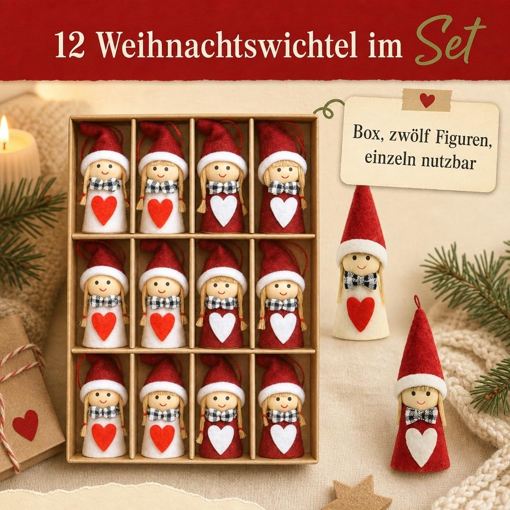 MIJOMA 12er Set Weihnachtswichtel – Handgemachter Baumschmuck aus Holz &amp; Stoff – Deko-Wichtel für Ta