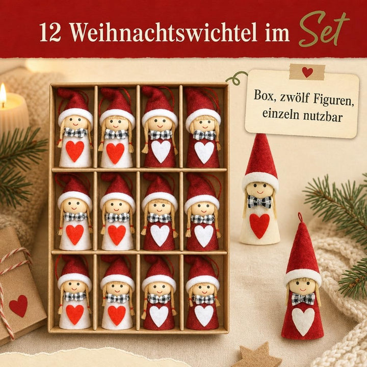 MIJOMA 12er Set Weihnachtswichtel – Handgemachter Baumschmuck aus Holz &amp; Stoff – Deko-Wichtel für Ta