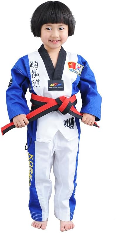 Taekwondo Gi Set DobokTaekwondo Standard Uniform TKD Anzug mit Gürtel Blau-Weiss 130, Blau-Wei&amp;