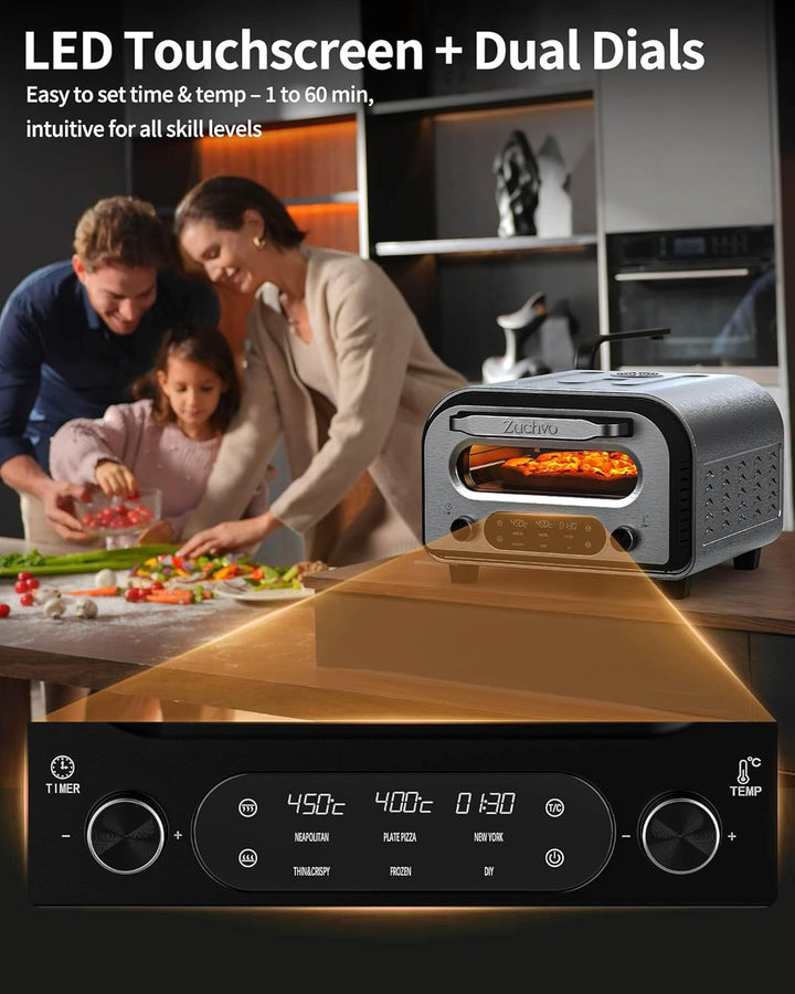 ZACHVO Elektrischer Pizzaofen - bis 450℃, 5 voreingestellte Pizzaarten, 1-60 Min Timer, Touchscreen