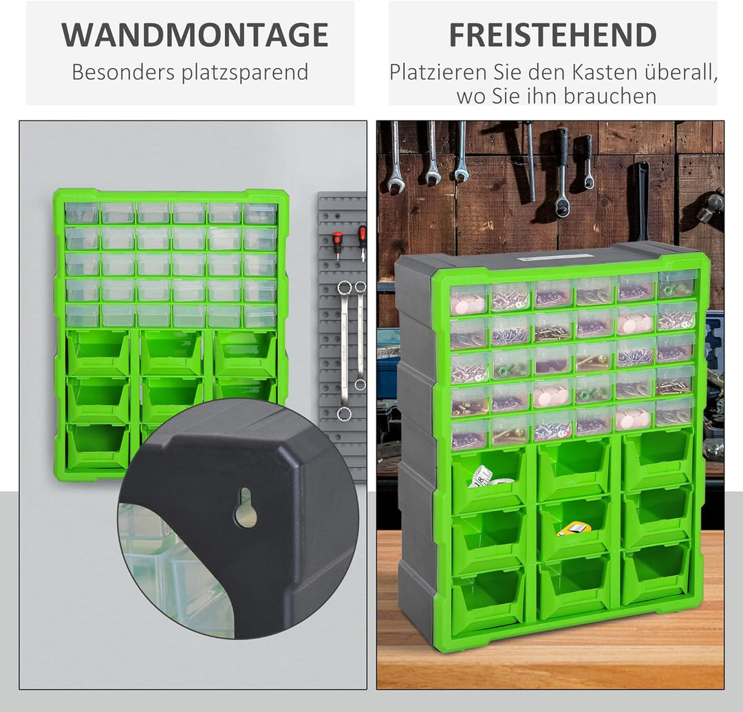 DURHAND Sortierkasten Kleinteilemagazin Teile Box Aufbewahrungsbox 39 Fächer Grün L38 x B16 x H47,5