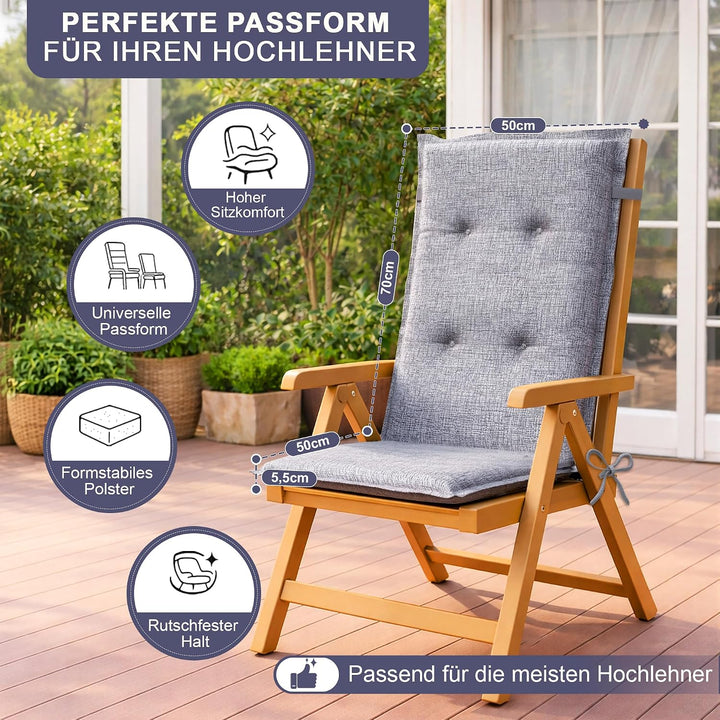 Relexo Premium - Hochlehner Auflage Gartenstuhl Stuhlauflage mit Polster, Outdoor Sitzkissen &amp; Stuhl