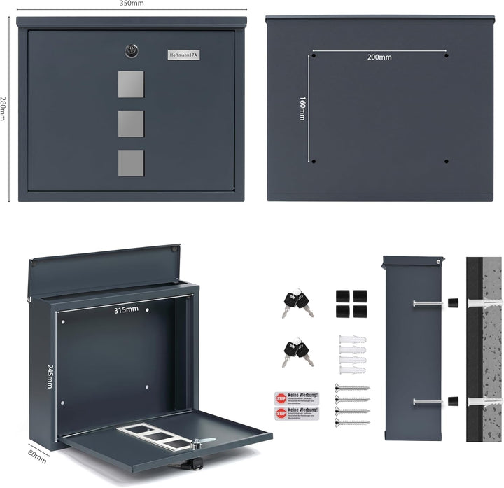 Zedelmaier Briefkasten XL Personalisiert mit Edelstahl Namensschild Anthrazit Wandbriefkasten Postka