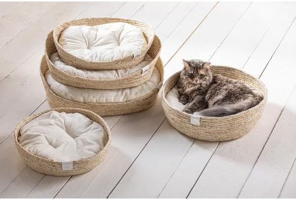 Dehner Premium Lovely Kuschelbett Guter Schlaf, Ø 45 cm, Höhe 13 cm, Naturmaterial/Plüsch, weiss/bei