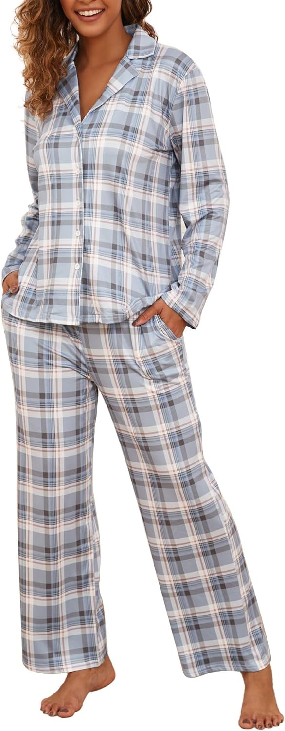Famulily Frauen Langarm Pyjama Set Plaid Loungewear Sets Button Up Top und Wide Leg Hosen S-XXL S Gr