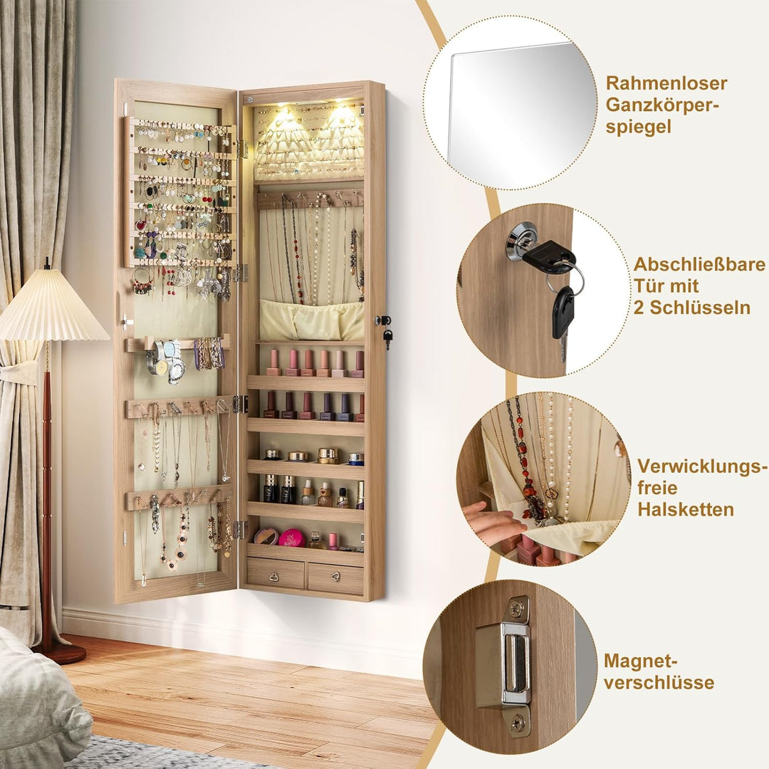 RELAX4LIFE Schmuckschrank Hängend, Spiegelschrank mit LED-Beleuchtung & Spiegel & Schloss, Schmuckor