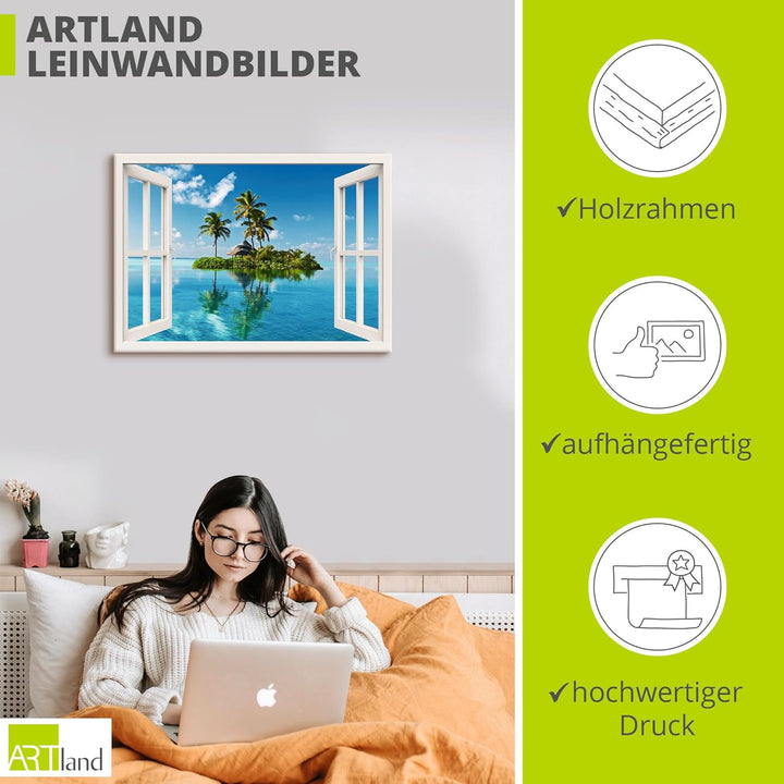 ARTland Leinwandbilder Wandbild Bild auf Leinwand 100x70 cm Fensterblick Fenster Meer Insel Palmen K