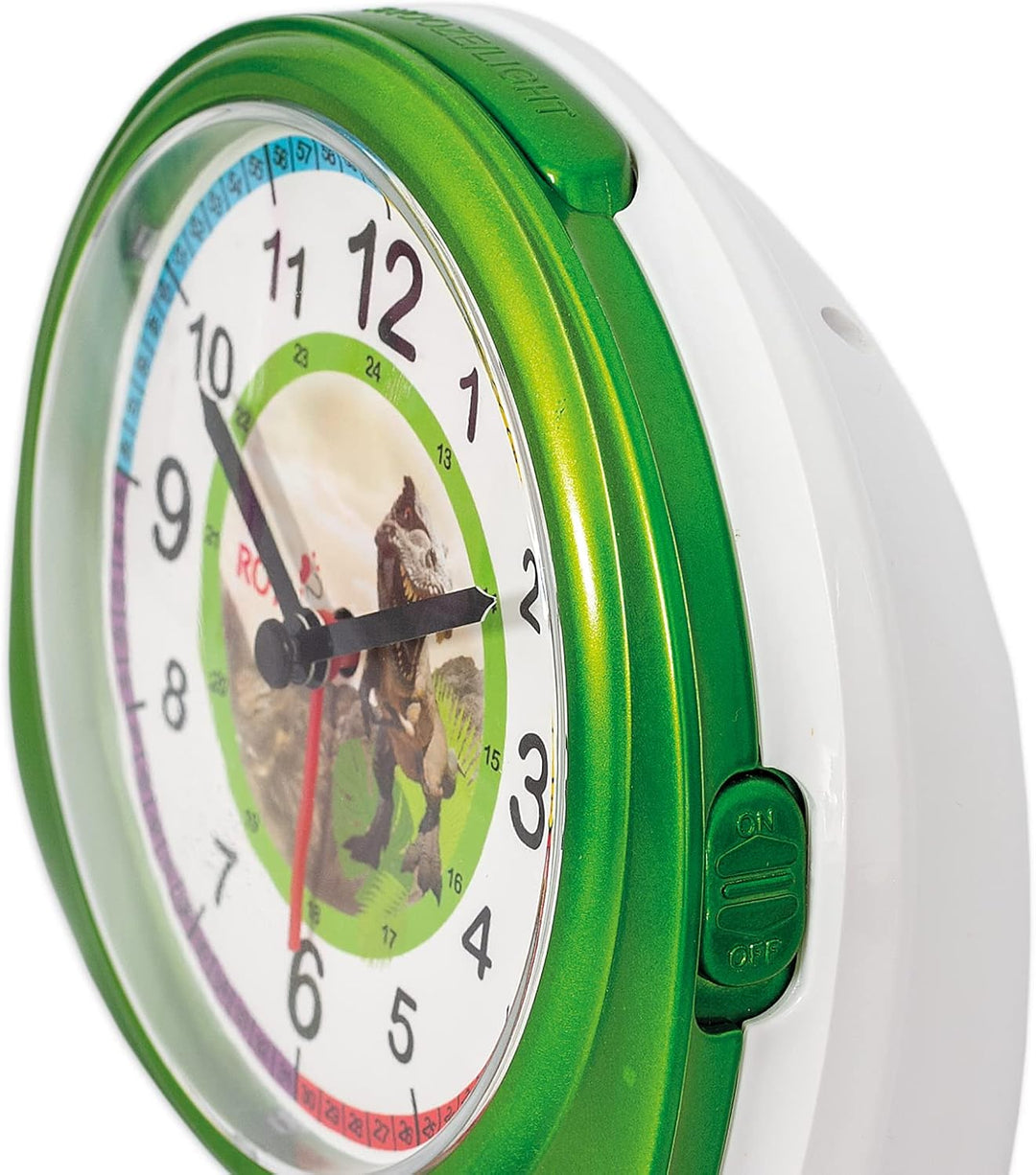 ROTH Lernuhr mit Stempelset Tyrannosaurus, Geschenkset aus Kinder-Wecker und Stempel mit Farbkissen