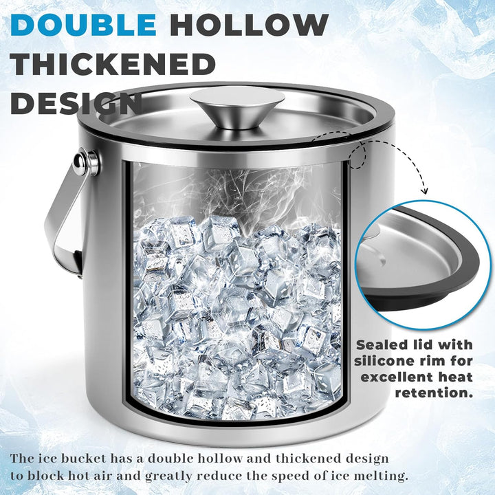 3L Eiswürfelbehälter mit Deckel Eiskübel Edelstahl Eisbehälter für Eiswürfel Doppelwandiger Isoliert