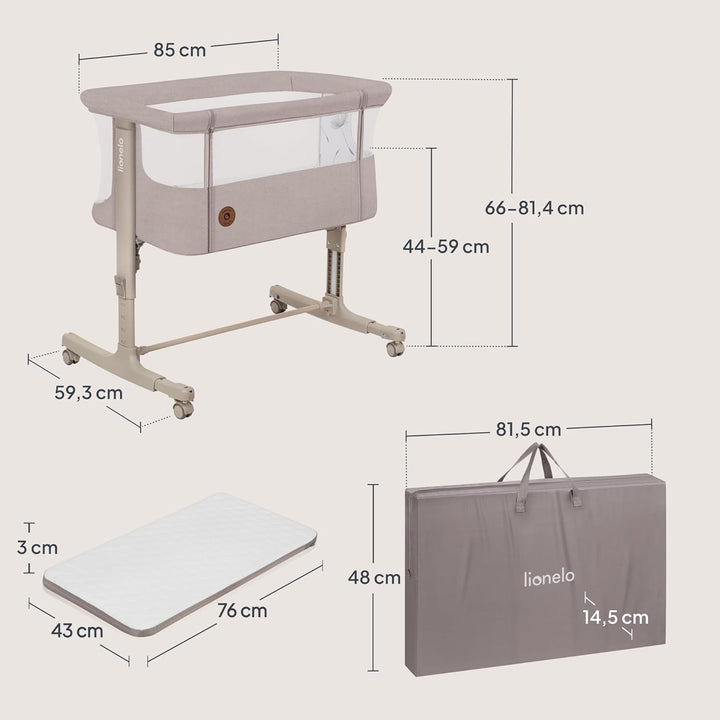 Lionelo Aurora 3 in 1 Babybett bis 9 kg, Beistellbett, Wiege, Höhenverstellug und Einstellung der Ne
