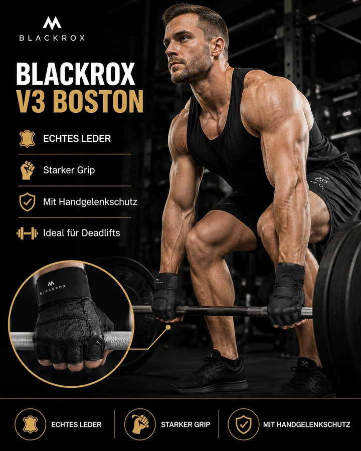 BLACKROX Fitnesshandschuhe echtes Leder Herren &amp; Damen V3 Boston Kraftsport Handgelenkschutz Trainin