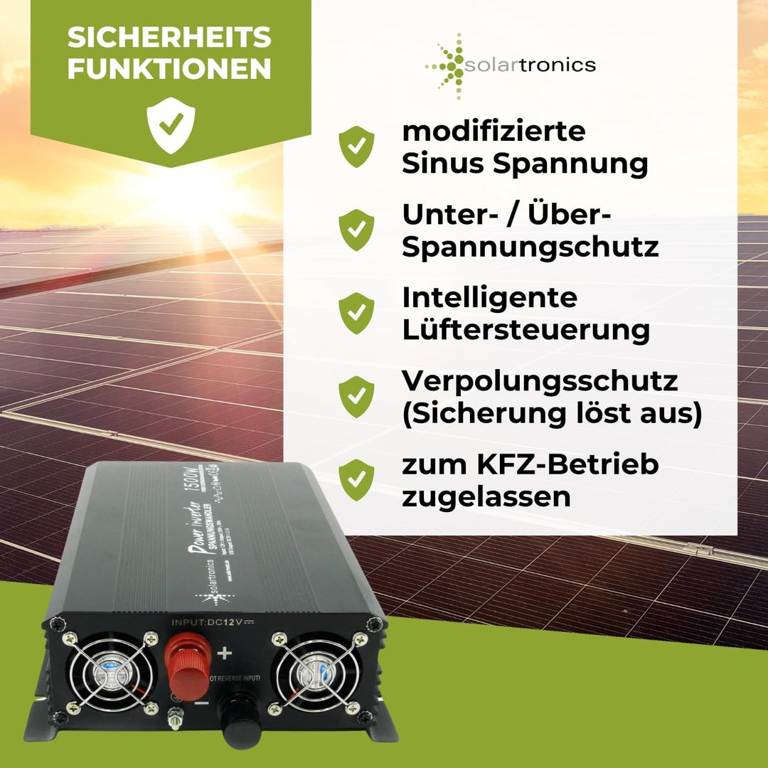 SOLARTRONICS Spannungswandler NM1500 12V 1500 Watt SCHWARZ - 3000 Watt Spitzenleistung - Wechselrich